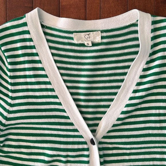 Women’s Green and White Stripe Black Button Vneck Long Cardigan Sweater Small - Picture 2 of 5